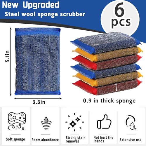 Kitchen Sponges for Dishes Steel Wool Scrubber Sponges for Kitchen Heavy Duty Non-Scratch Scrubbing Cleaner (6 Pack) (Colours) - color: Colours
