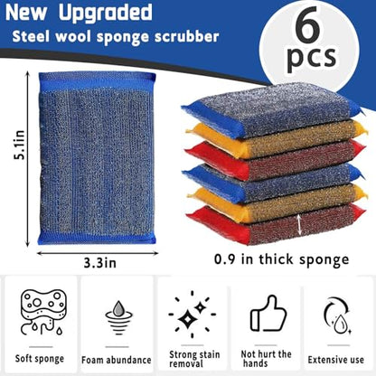 Kitchen Sponges for Dishes Steel Wool Scrubber Sponges for Kitchen Heavy Duty Non-Scratch Scrubbing Cleaner (6 Pack) (Colours) - color: Colours