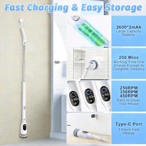 Electric Spin Scrubber, Cordless Shower Scrubber with Adjustable Long Handle, 3 Speeds with IPX7 Bathroom Scrubber, 8 Brush Heads, Electric Cleaning Brush for Bathroom/Kitchen/Bathtub/Crack/Floor/Tile