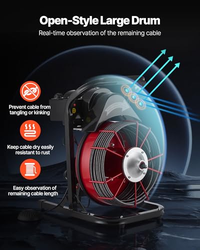 VEVOR Drain Cleaner Machine 75 FT x 3/8 Inch, Sewer Snake Auger Manual Feed with 4 Cutters & Air-activated Foot Switch for 2" to 4" Pipes - style: 75 FT x 3/8''