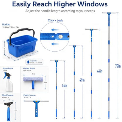 Window Cleaning Kit with Extension Pole,Professional Window Washing Kit with Bucket, 79" Window Squeegee with Microfiber Scrubber Scraper,Window Cleaner Tool for Commercial, Home,Outdoor