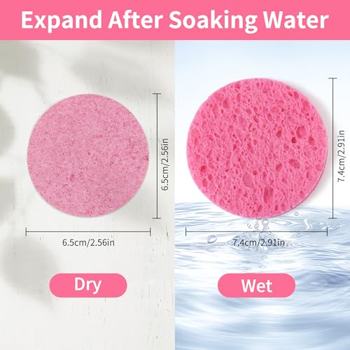 100-Count Compressed Facial Sponges, Natural Cellulose Face Sponges for Cleansing, Exfoliating, Washing face, Makeup Removal, and Spa Use - Travel Skincare Essentials for women - color: Pink