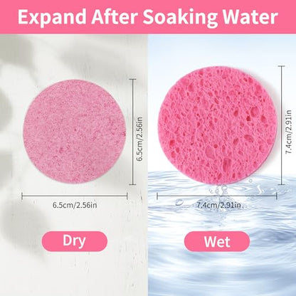 100-Count Compressed Facial Sponges, Natural Cellulose Face Sponges for Cleansing, Exfoliating, Washing face, Makeup Removal, and Spa Use - Travel Skincare Essentials for women - color: Pink