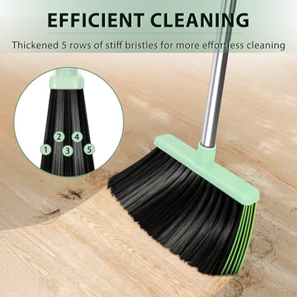 YZO Broom and Dustpan Set, 54.33 Inch Long Handle Standing Design, Dustpan Front Rubber Tight Seal, Broom with 5 Layer Bristles, Suitable for Living Room, Bedroom, Yard, Office and Apartment(Green) - color: Green
