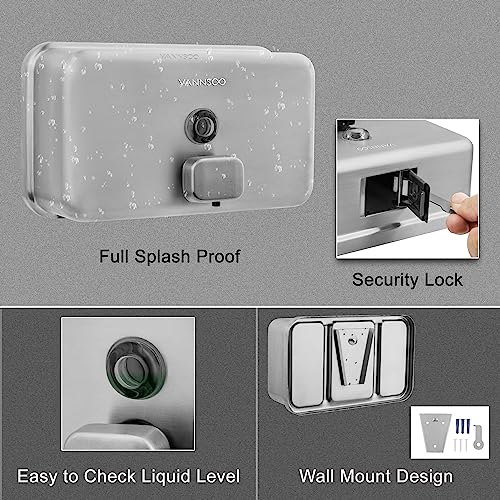 Wall Mounted Hand Soap Dispenser Bathroom, 1100ml 37oz Commercial Stainless Steel Liquid Soap Dispenser Wall Mount (Horizontal Brushed) - color: Horizontal Brushed