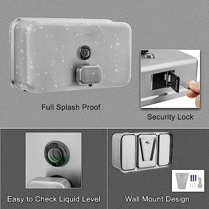 Wall Mounted Hand Soap Dispenser Bathroom, 1100ml 37oz Commercial Stainless Steel Liquid Soap Dispenser Wall Mount (Horizontal Brushed) - color: Horizontal Brushed