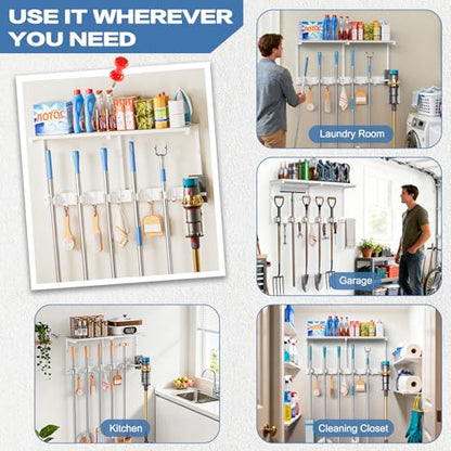 Broom Holder Wall Mount with Cleaning Supplies Organizer, Laundry Room Organization and Storage Shelf with Mop Hanger Rack Gripper Hooks, Utility Shelf Closet Organizer Floating Shelves for Garage - size: Large