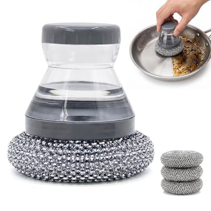 Comfort Grip Soap Dispensing Kitchen Scrub Brush, Dish Brush with Soap Dispenser & Handle, Extra Strong Scrubbing for Stubborn Residue on Pots Pans & BBQ Grill (4pcs Brush Heads + Handle) - color: 4pcs Brush Heads + Handle