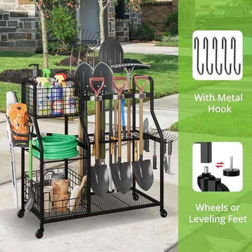 keomaisyto Garden Tool Organizer with Heavy Duty Wheels for Garage - with 2 Baskets, Large Yard Tool Organizer and Storage Holder, Utility Garden Tool Rack for/Shed/Garage/Yard/Basement/Lawn - size: Extra Extra Large-with Industrial Wheels