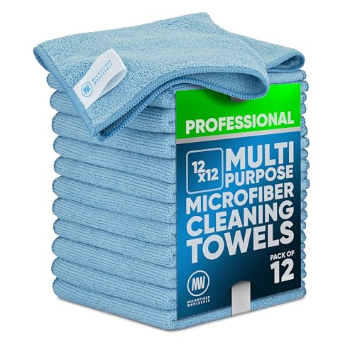 MW PRO Microfiber Cleaning Cloths Blue (12 Pack, 12x12) - Commercial Janitorial Towels & Lint Free Rags - Heavy Duty for Auto Detailing, Glass Windows, Housekeeping & Screens - Washable 300+ Times - color: Blue, size: 12 Count (Pack of 1)