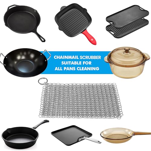 TOPULORS Cast Iron Scrubber 316 Stainless Steel Skillet Cleaner 8"x6" Chainmail Scrubber Scraper Chain Mail Link Scrub for Cast Iron Pre-Seasoned Pans, Griddles, BBQ Grills, and Pot Cookware Cleaning - size: Rectangle - 8× 6 inches
