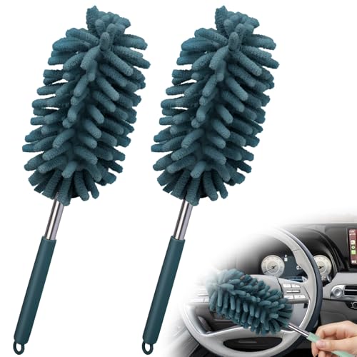 2 PCS Car Interior Duster with Extension Pole, Microfiber Car Dusters with Bendable Head, Cars Duster Exterior&Interior Scratch Free, for Cleaning of Vehicle Details, Offices, Window(Nude Blue) - color: Navy Blue