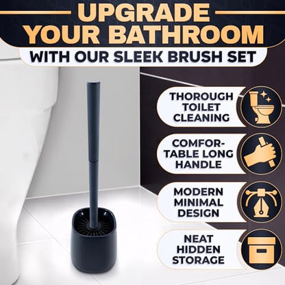 Toilet Brush and Holder Set - Silicone Toilet Bowl Brush with Black Holder Base, Compact Bath Accessory for Small Spaces - Easy to Place and Simple to Store After Use, Plastic Bathroom Cleaning Tool - color: Black