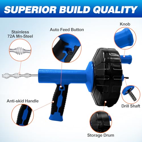 Drainsoon Auto Feed Drain Auger with Drill Adapter, 33 Feet Drain Snake Hair Clog Remover, Manual or Powered Plumbing Snake Drain Cleaner for Bathroom, Shower, Kitchen Sink, Comes with Gloves - color: Blue