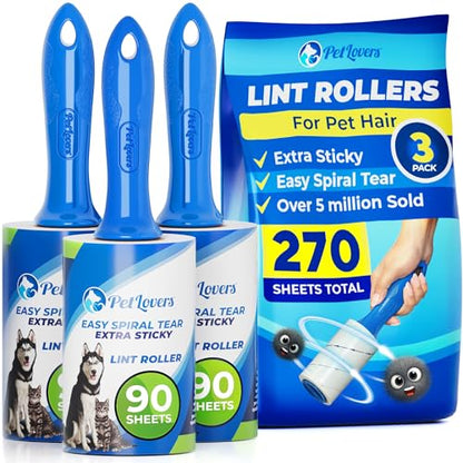 PetLovers Extra Sticky Lint Roller Value Set 270 Sheets for Pet Hair Removal and Clothes, Dog and Cat Lint Remover, 3 Pack - size: 3 Pack