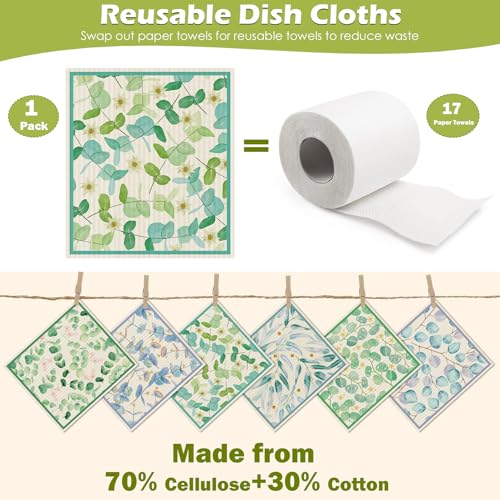 6 Packs Swedish Paper Cloths for Kitchen, Reusable Paper Towels Washable Dish Rags, Highly Absorbent Kitchen Towels Quick Drying Swedish Sponge Cleaning Dish Cloths(Eucalyptus Leaves) - color: Eucalyptus Leaves