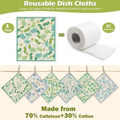 6 Packs Swedish Paper Cloths for Kitchen, Reusable Paper Towels Washable Dish Rags, Highly Absorbent Kitchen Towels Quick Drying Swedish Sponge Cleaning Dish Cloths(Eucalyptus Leaves) - color: Eucalyptus Leaves