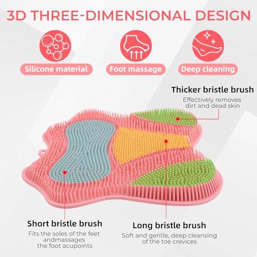 Silicone Foot Scrubber Mat for Shower Bath Foot and Back, Shower Feet Brush Pad with Wall-Mounted Suction Cups (Pink) - color: Pink