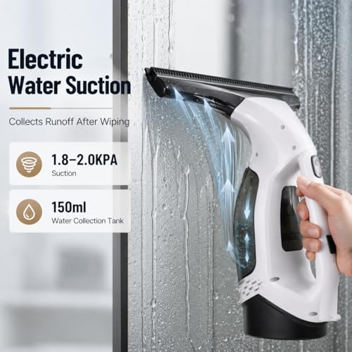 Cordless Window Vacuum Cleaner with Extension Pole, Rechargeable Glass Cleaning Squeegee Kit, 5.07 fl oz Water Tank, Spray Bottle & Microfiber Pad for Windows Shower Doors Mirrors Tiles