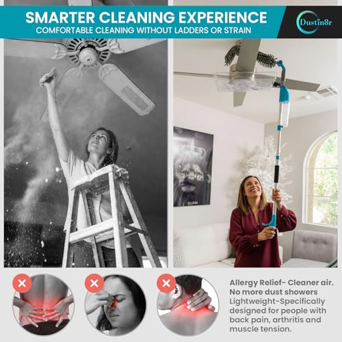 Patented 4-in-1 Ceiling Fan Cleaner Duster. Spray Mop. Wall Cleaner with Sprayer. Duster. Dust Trapping System| Storage Bag & Hook. Lightweight. Reusable. Microfiber