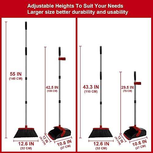 Broom and Dustpan Set, Heavy Duty Large Household Broom with Dustpan Combo Set, 55 Inch Long Handle, Red Dust Pan Combo Set for Home