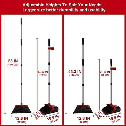 Broom and Dustpan Set, Heavy Duty Large Household Broom with Dustpan Combo Set, 55 Inch Long Handle, Red Dust Pan Combo Set for Home