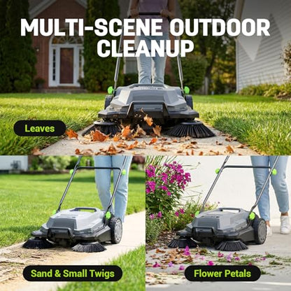 STEELITE Walk-Behind Hand Push Floor Sweeper, 26.8" Sweeping Width Floor Sweeper Manual Non-Electric, 6.35 Gal Waste Container, Angle & Height Adjustable Folding Handle for Walkway, Yard