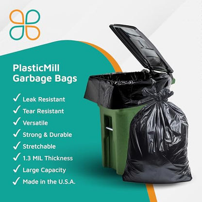 PlasticMill Heavy Duty Trash Bags - Black Garbage Bags - Plastic Trash Bags for Large Rolling Trash Bins - Tall Trash Bags - 100-Gallon Large Kitchen Trash Bags, 1.3 Mil, 67"x79" (40-Count) - size: 1 Count (Pack of 40)