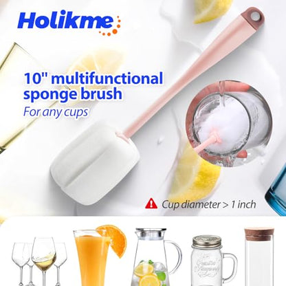 Holikme Bottle Brush Tube Cleaning Lab Set with Long Handle, Cup Cleaner for Washing Narrow Neck Beer Wine Decanter Pipes Lids Sinks Cap Covers, Pink - color: Pink