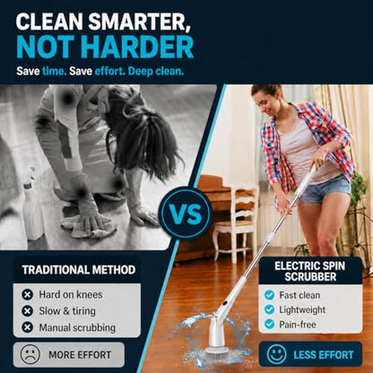 Electric Spin Scrubber, 45LBS High Torque Deep Cleaning Scrubber, Cordless Cleaning Brush with Adjustable Handle & 7 Replaceable Heads, Heavy-Duty Bathroom Scrubber for Bathroom Cleaning (White)