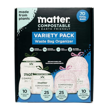 Matter Compostable Variety Pack 3 Gallon and 13 Gallon Kitchen Trash Bags with Drawstring, Unscented, Durable, Leak-Resistant, Eco-Friendly, 70 Count - style: 13 Gallon and 3 Gallon Variety Pack
