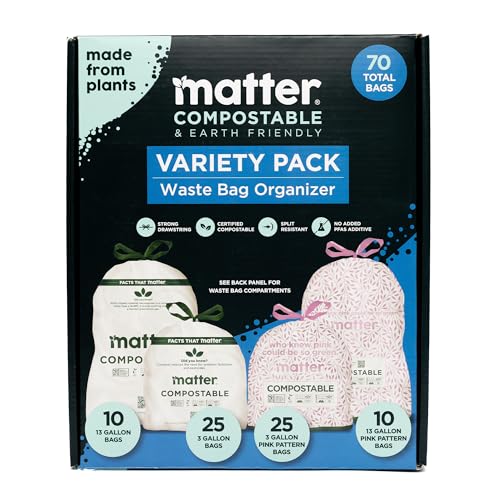 Matter Compostable Variety Pack 3 Gallon and 13 Gallon Kitchen Trash Bags with Drawstring, Unscented, Durable, Leak-Resistant, Eco-Friendly, 70 Count - style: 13 Gallon and 3 Gallon Variety Pack