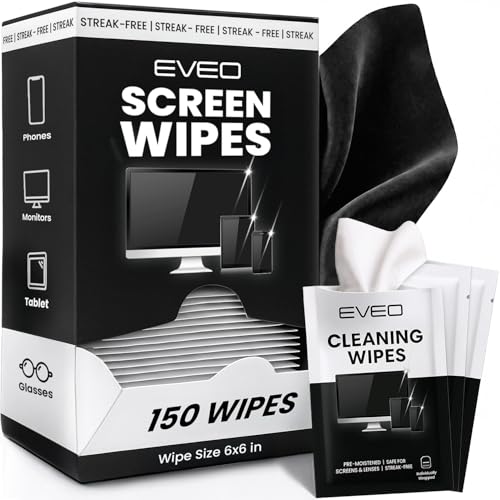EVEO Screen Wipes (150 Pack) - Electronic Wipes, Computer Screen Cleaner Wipes for Electronics | Computer Screen Wipes Phone Wipes & Lens Wipes for PC, Laptop, Phone, Car & More - Microfiber Included - size: 150 Pack