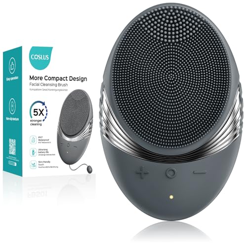 COSLUS FBS01 Facial Cleansing Brush Face Scrubber, Compact for Travel | Rechargeable, Gentle Silicone, 5 Cleansing Modes, Deep Cleaning for Men & Women, Removing Blackhead Exfoliating, Grey - color: Grey