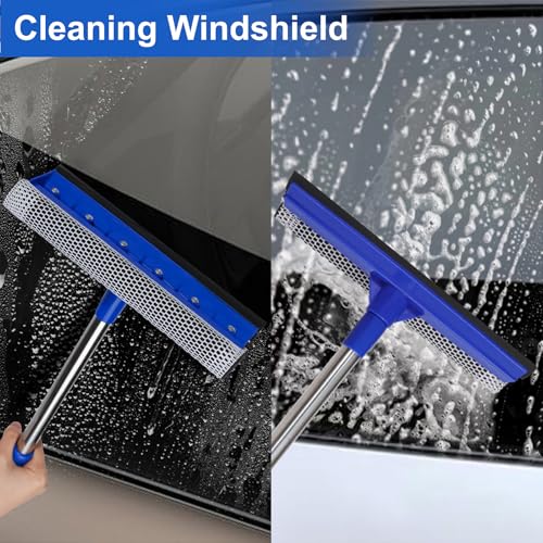 2-in-1 Car Windshield Squeegee and Sponge Scrubber for Cleaning and Washing, Rubber Blade Cleaner with Handle, Retractable car Wipers Suitable for All Vehicles, Blue