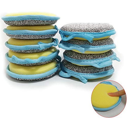 Dual Action Kitchen Cleaning Microfiber Scouring Scrubber, Round Dish Washing Sponge, 10 Pack (Blue) - color: Blue