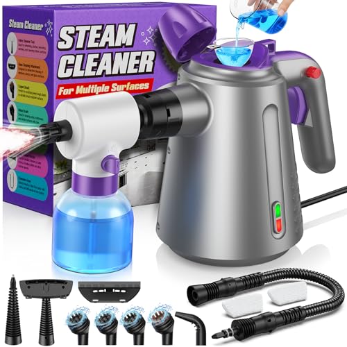 Handheld Steam Cleaner for Home, Pressurized Multi Purpose Steamer for Cleaning Upholstery Bed Furniture Couch Carpet Car with 14 Accessories & Safety Lock, Small Container for Grease