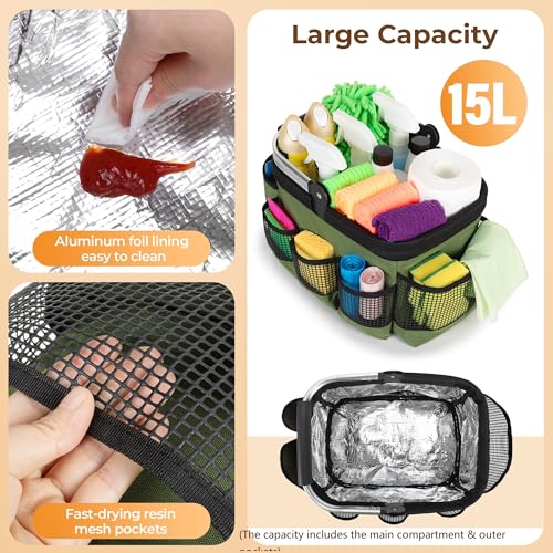 PGmoon Foldable Cleaning Caddy, Cleaning Supply Organizer Bag with Rotate Handle, Easy Clean Liner & Multi-Pockets, Portable Small Cleaning Tote for Kitchen Cleaning Supplies, Products, Housekeepers