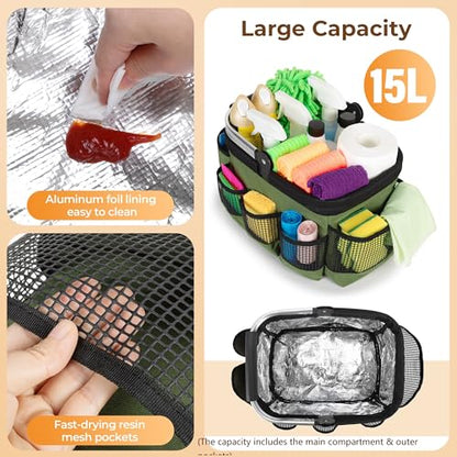 PGmoon Foldable Cleaning Caddy, Cleaning Supply Organizer Bag with Rotate Handle, Easy Clean Liner & Multi-Pockets, Portable Small Cleaning Tote for Kitchen Cleaning Supplies, Products, Housekeepers