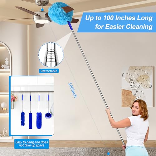 6-in-1 Duster for Cleaning Kit, Extendable Duster with Stainless Steel Pole - Microfiber, Ceiling Fan Cleaner Dusters and Chenille Dusters, Bendable Cobweb Removers for High Ceilings, Fans, Blinds - color: Blue