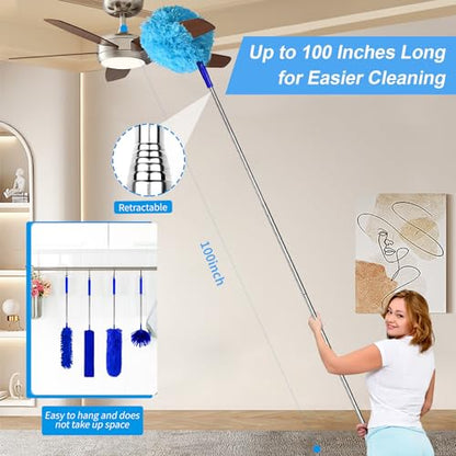 6-in-1 Duster for Cleaning Kit, Extendable Duster with Stainless Steel Pole - Microfiber, Ceiling Fan Cleaner Dusters and Chenille Dusters, Bendable Cobweb Removers for High Ceilings, Fans, Blinds - color: Blue