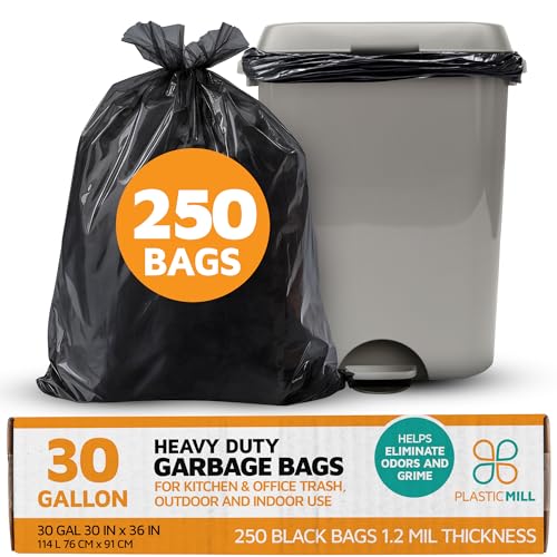 PlasticMill Heavy Duty Black Tall Garbage Bags - 20-30 Gallon Large Kitchen Trash Can Liners, 1.2 Mil, 30"x36" (250-Count) - size: 1 Count (Pack of 250)
