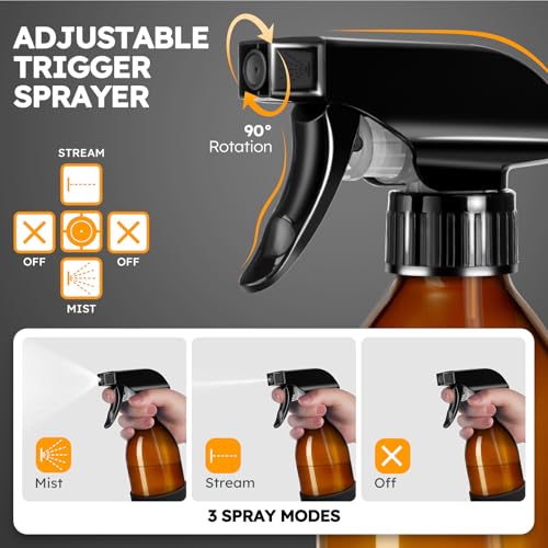 Tecohouse 2 Pack 360° Amber Glass Spray Bottles with Silicone Sleeve, 8 oz Empty Refillable Containers with Adjustable Spray Nozzles, Dark Spray Bottles for Cleaning Solutions, Plants (Black & Brown) - color: Amber, size: 8OZ