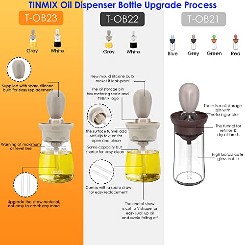 2 Pack Oil Dispenser Bottle With Basting Brush - 2 In 1 Glass Olive Oil Storage Container with Measuring Lines Silicone Squeeze Dropper for Cooking Frying Baking BBQ, T-OB23, Gray+White