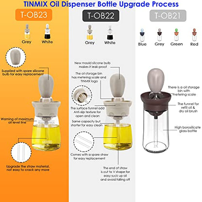 2 Pack Oil Dispenser Bottle With Basting Brush - 2 In 1 Glass Olive Oil Storage Container with Measuring Lines Silicone Squeeze Dropper for Cooking Frying Baking BBQ, T-OB23, Gray+White