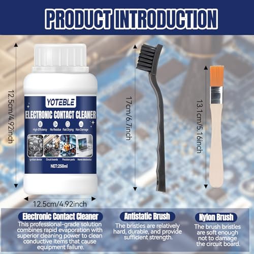 250 ML Electronic Contact Cleaner, Electrical Cleaner with 2 Cleaning Brushs, No Damaging, Suitable for Cleaning Circuit Boards Appliance Control Boards Switches & Connectors, Clear