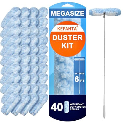 KeFanta Duster Refill Kit with 6 ft Super Extendable Handle Compatible with Swiffer, 360° Disposable Microfiber Dusting Pads for Home Cleaning, Ceiling, Fan, Window, Hard-to-Reach Areas，40Pcs - size: 40 Count+ 6FT Extended Handle