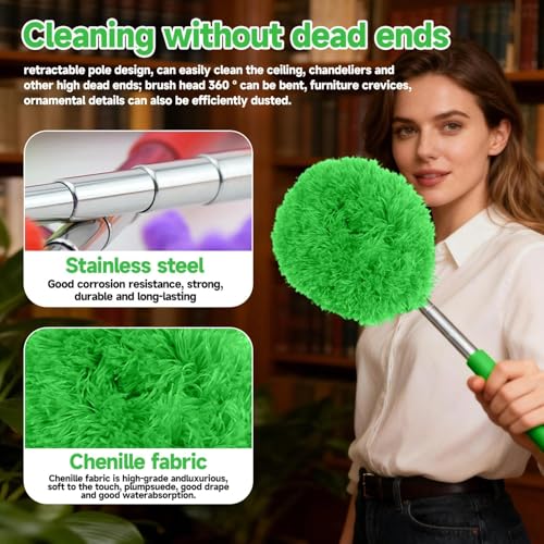 Extendable Microfiber Duster, Telescoping Dusting Brush for Home and Car Cleaning, Adjustable Length, Soft and Flexible - color: Round Green