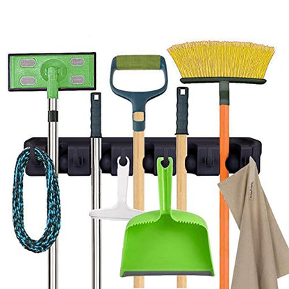 Mop and Broom Holder Wall Mount Heavy Duty Tool Organizer For Home Garden Garage And Storage (5 Positions with 6 Hooks) (Black)
