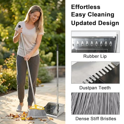 Stainless Steel Dustpan with Outdoor Stiff Bristles Broom,Long Handle Metal Dust Pan and Heavy Duty Broom for Home,Lobby,Office - style: Dustpan and Broom
